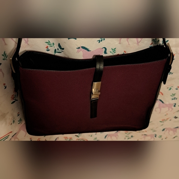 EUC Lamarthe Burgundy Cotton & Black Italian Leather Casual Shoulder Purse Bag - Picture 7 of 16